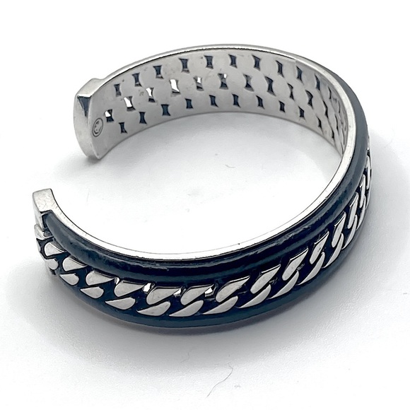 Effy Sterling Curb Link Open Cuff Leather Trim Cuff Bracelet 6” + 1” Gap / 40g - Picture 2 of 10